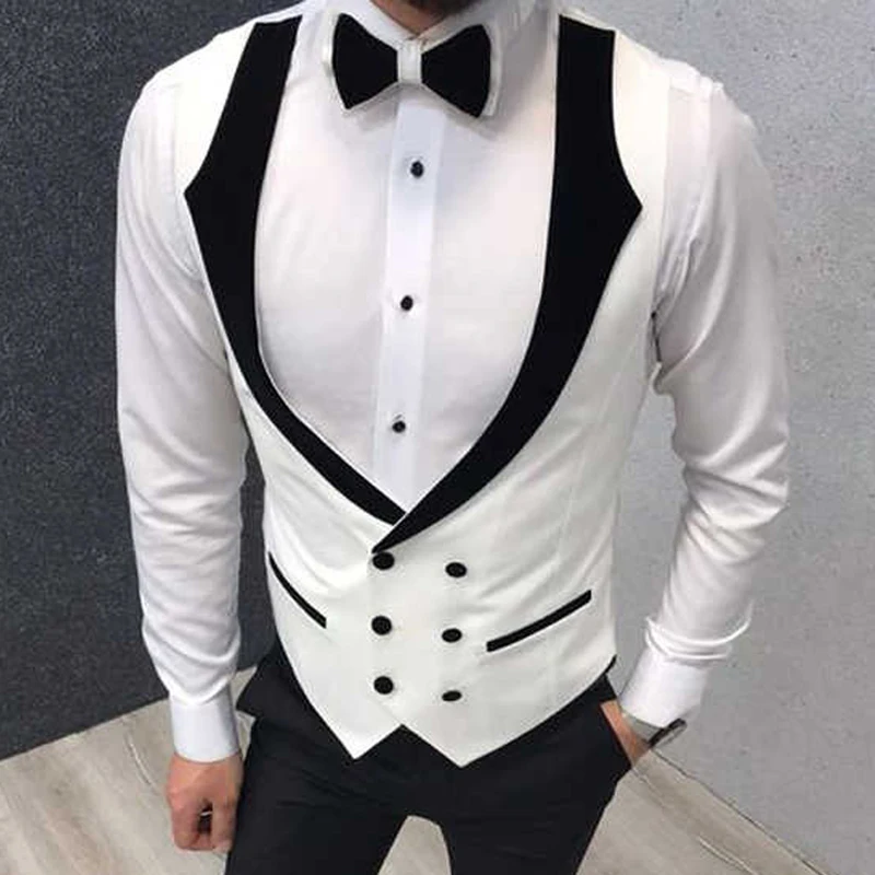 Slim Fit Men Vest with Double Breasted White and Black One Piece Male Waistcoat for Formal Wedding Groomsmen New Fashion