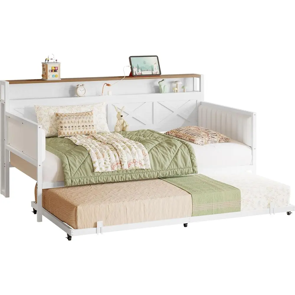 Sturdy Metal Twin Bed Frame with X-Shaped Frame, Upholstered Farmhouse Daybed, Charging Station for Living Room, Bedroom, Guest