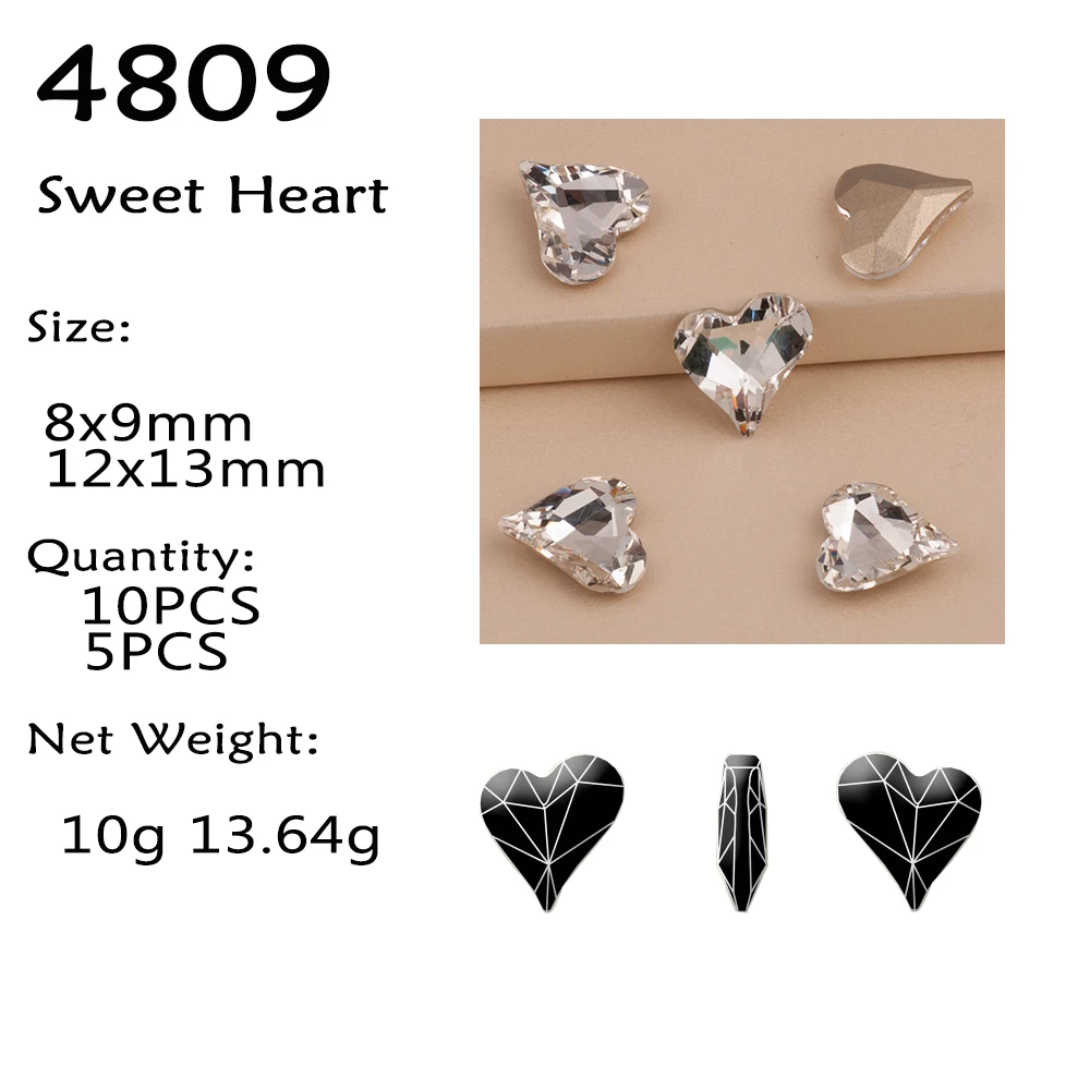 8mm 12mm Clear Sweet Heart Different Sizes of Crystal Glitter Glass Rhinestones for Nail Art Decoration Accessories