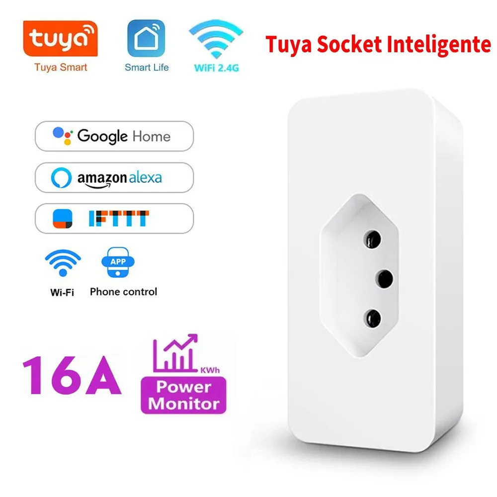 

16A Бразилия Стандартная розетка Tuya WiFi Smart Life с монитором мощности Умная розетка Работа для Google Home Alexa APP Голосовой пульт дистанционного управления