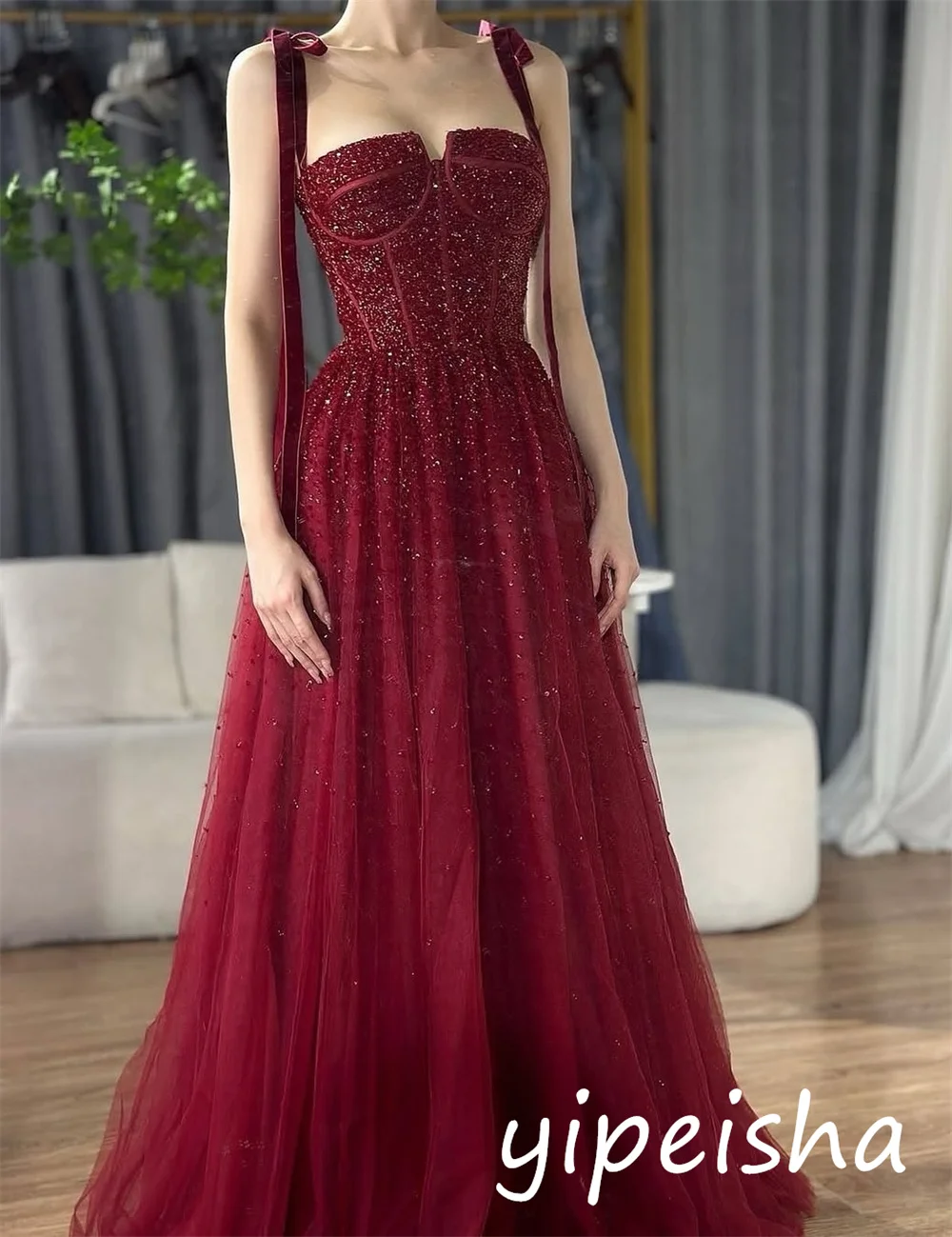 Customized Modern Style Net Sequined Pleat A-line Square Neck Long Dresses Bespoke Occasion Sparkle Casual image 2