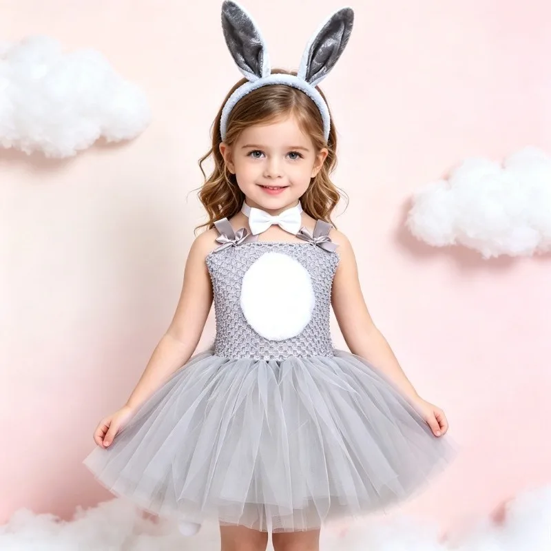 

Grey Bunny Decorated Girls' Tutu Dress, Sweet Princess Style Mesh Fluffy Dress, Children's Day Stage Performance Dress Set