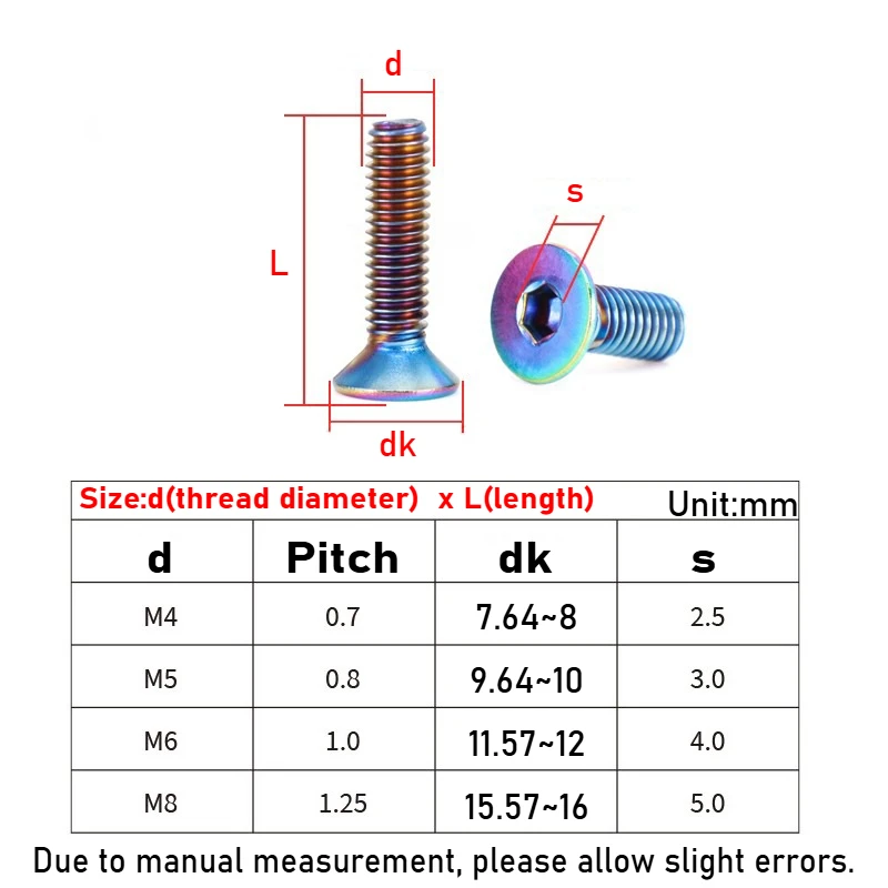 3/5pcs M4 M5 M6 M8 304 Stainless steel with Rainbow flat head hex socket countersunk head screw for Bike motorcycle