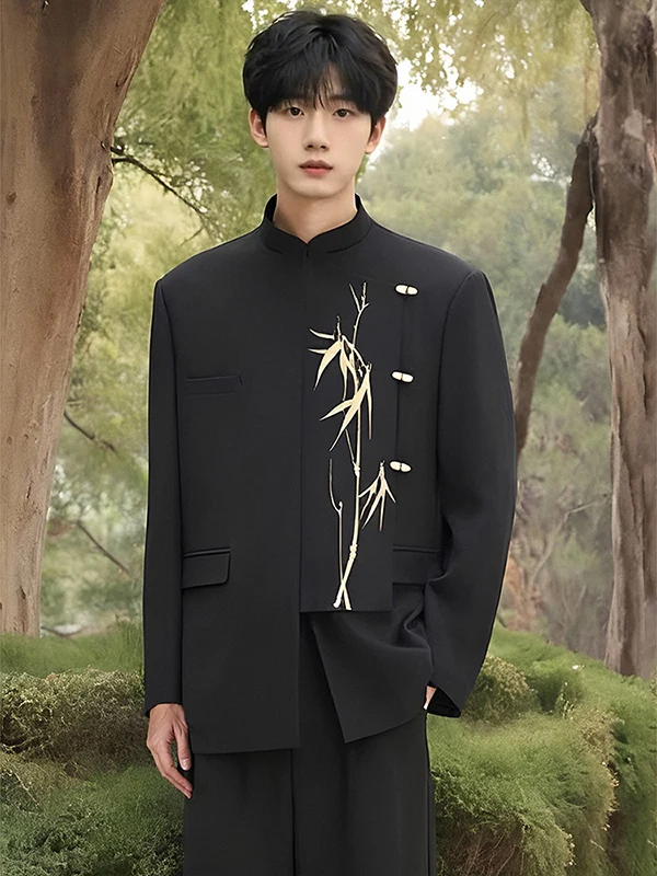 

New Chinese Sle Casual Embroidered Bamboo Patterned Men's Wedding Suit Loose Fit Traditional Cuff Youthful Trend Autumn Wear