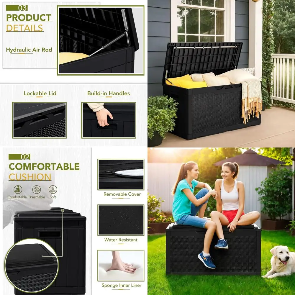 

Ящик для хранения на открытом воздухе с замком, 100 галлонов, с подушкой для сидения, для садовой мебели, садовых инструментов и принадлежностей для бассейна - черный