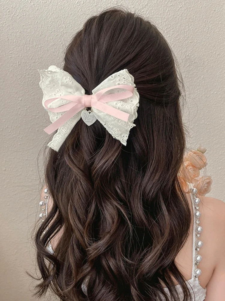 Korean Fresh and Sweet Lolita Girls Lace Hair Clip Stylish Trendy Bows Heart Duckbill Clip Headdress Fashion Hairpin Accessories
