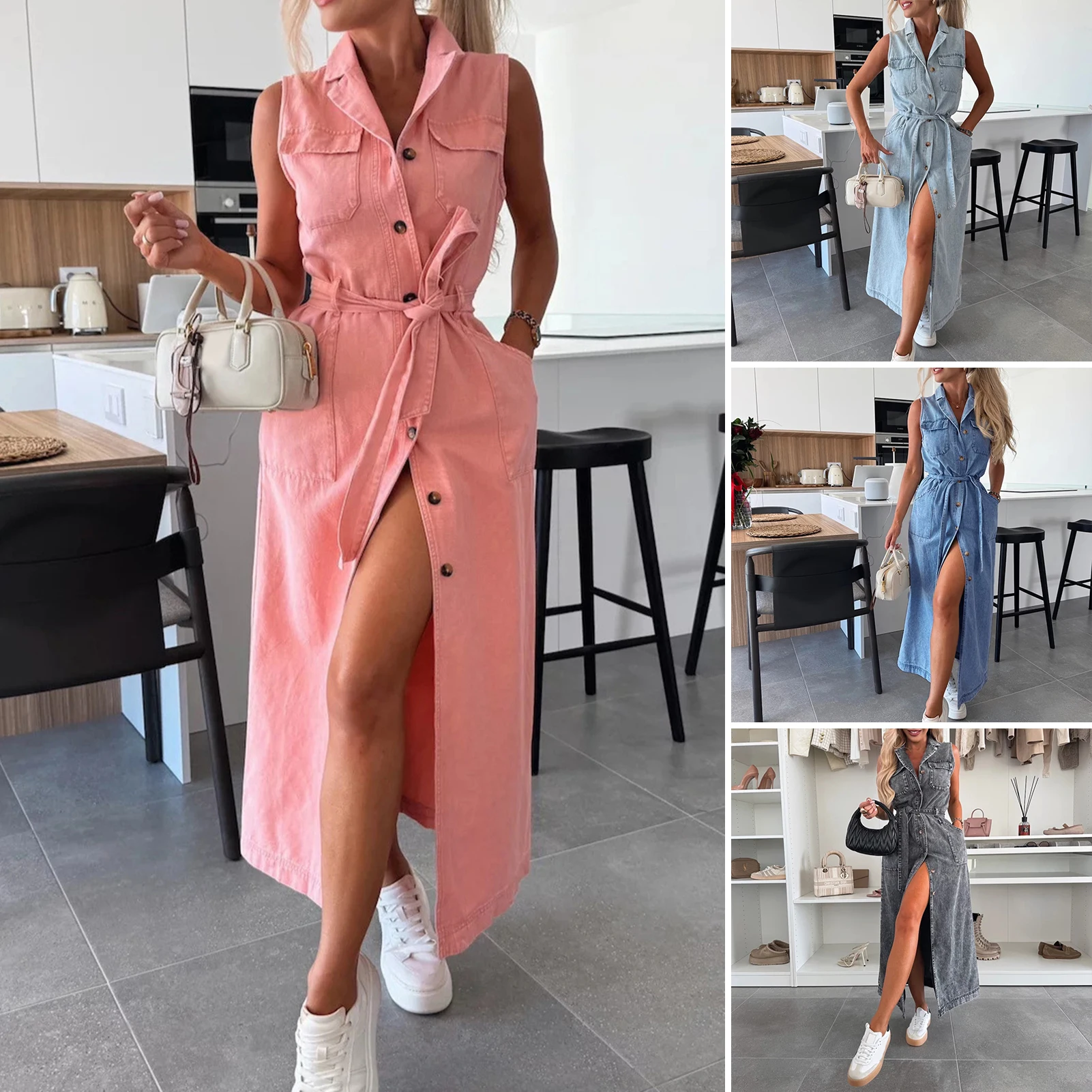 Fashion Faux Denim Dress Breathable Suspender Dress Skin-touch Pure Color Summer Faux Denim Dress Wear Resistant