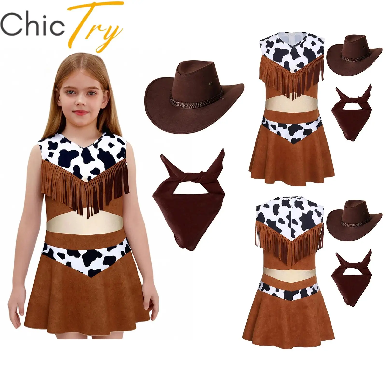 

Kids Girls Cowgirl Costume Halloween Cosplay Party Dress Sleeveless Tassels Dress with Hat Paisley Bandana Carnival Roleplay