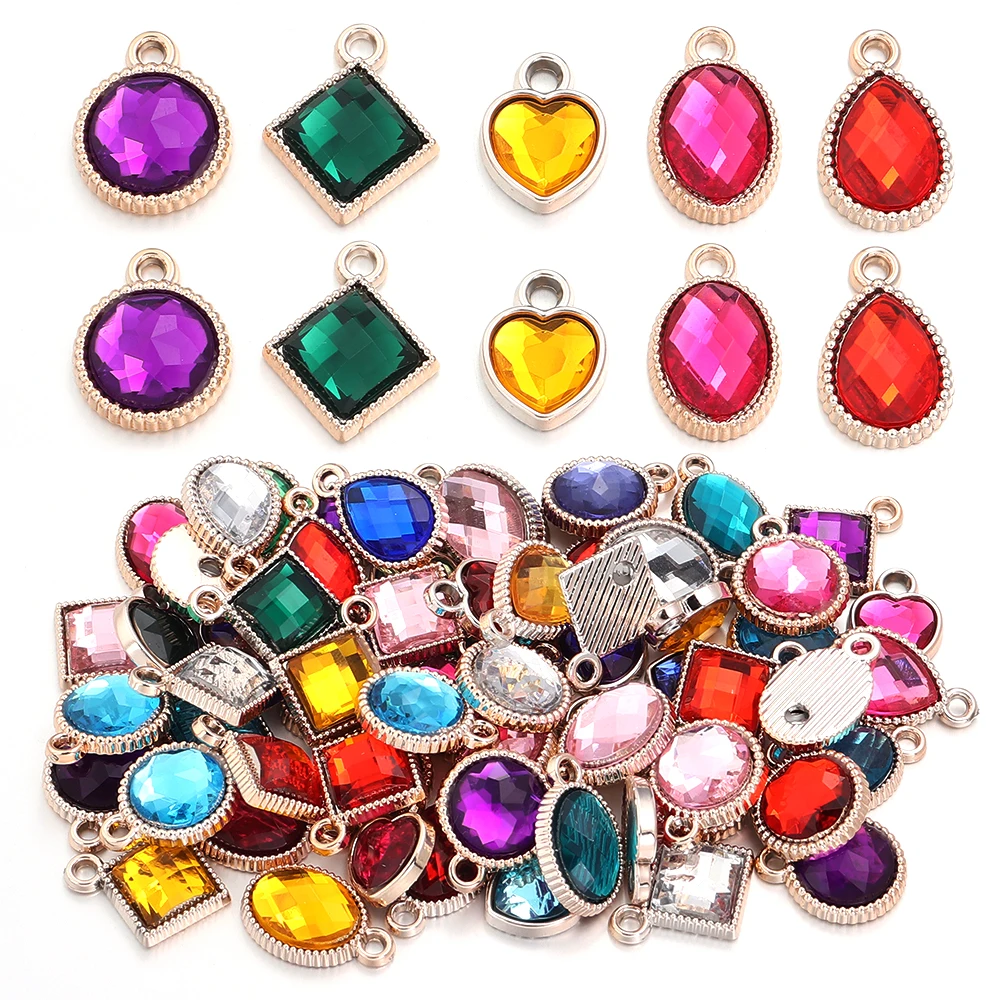 7pcs/lot Colored Rhinestone CCB Pendant Heart Round Square Shape Charm Necklace Pendant For DIY Earring Jewelry Gift Accessories