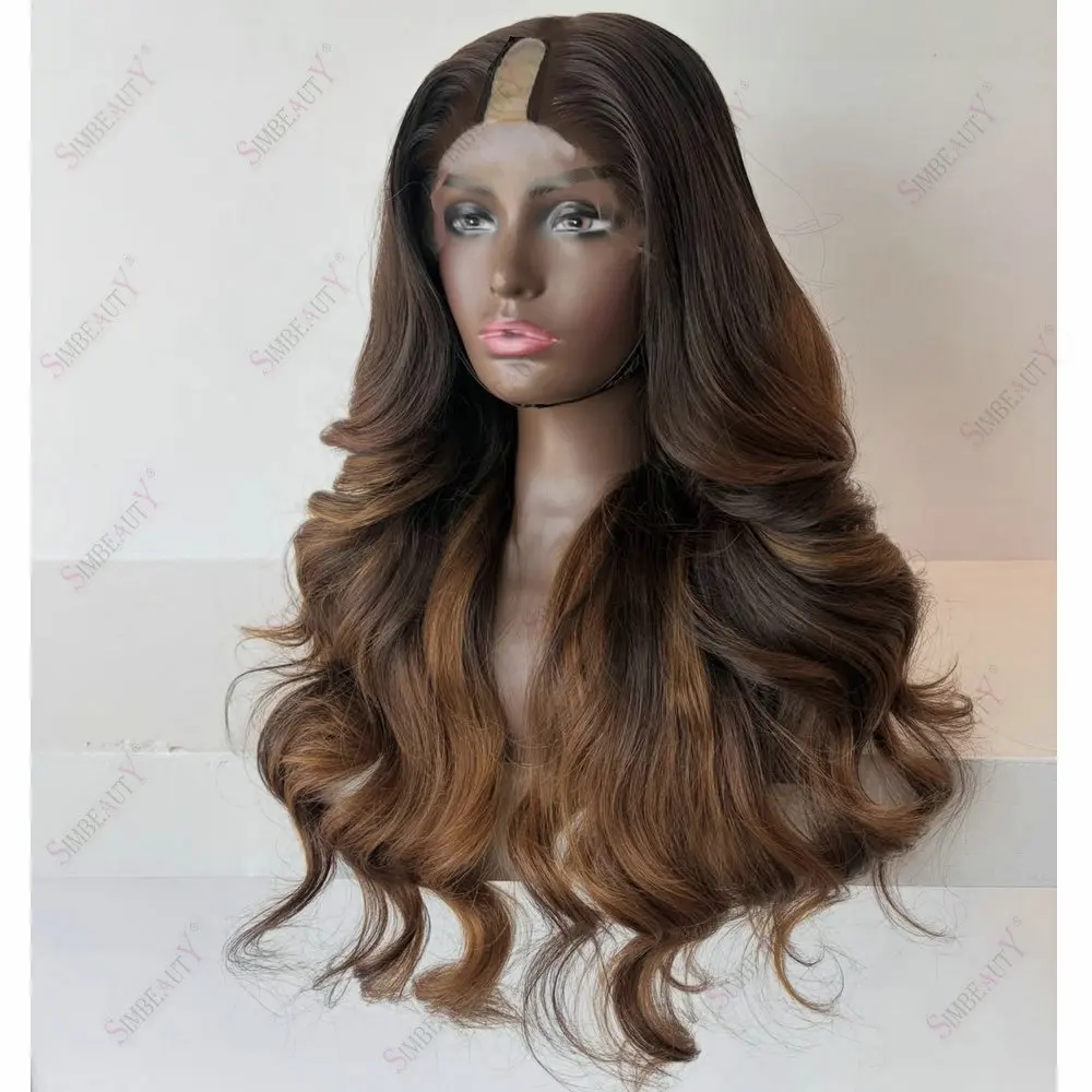 Braune, goldbraune U-Part-Perücke mit Highlights, Echthaar, verstellbar, lockere Wellen, 1*4-Größe, V-Part-Perücke, vollständig maschinell gefertigt, einfach zu tragen – Detail 1