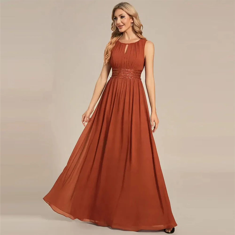 BAZIIINGAAA Party Dress Maxi Long Chiffon Hollow Round Neck Decor Bridesmaids Dress Evening dress