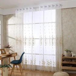 European Golden Luxury Sheer Tulle Curtains For Kitchen Beige Window Curtain Embroidered Drapes For Living Room Bedroom Cortinas