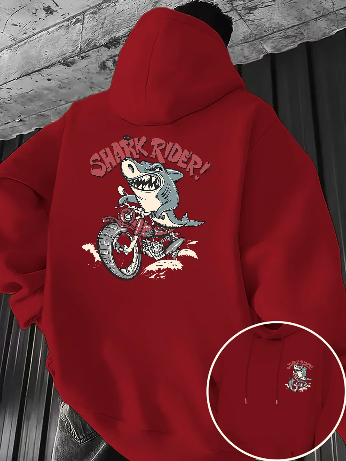 Trending Vintage Cartoon Shark Rider Motorcycle Graphic Hoodie Men Women Retro Biker Front Back Print Loose Sweatshirt