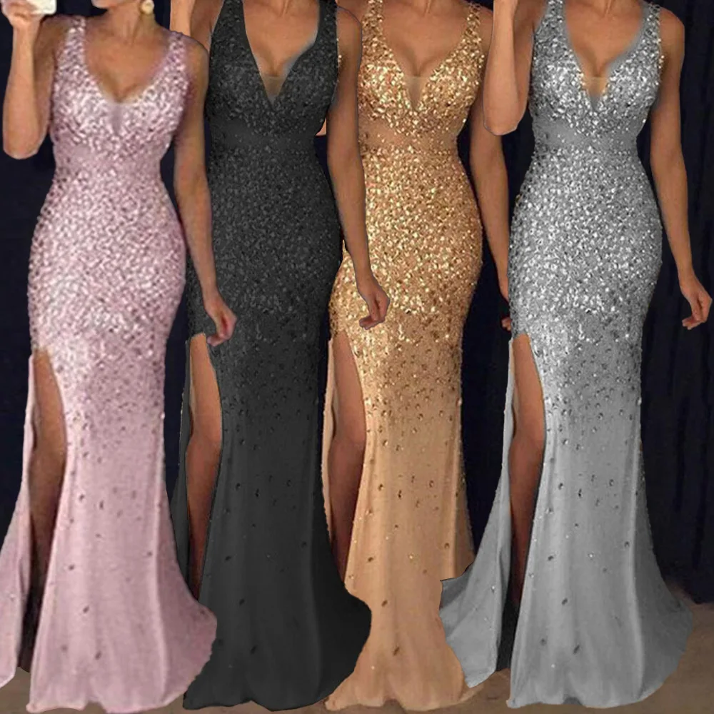 

SKMY 2026 Spring New Women's Clothing Sleeveless Long Dresses Spaghetti Strap V-Neck Split Dress Fashion Glitter Party Clubwear