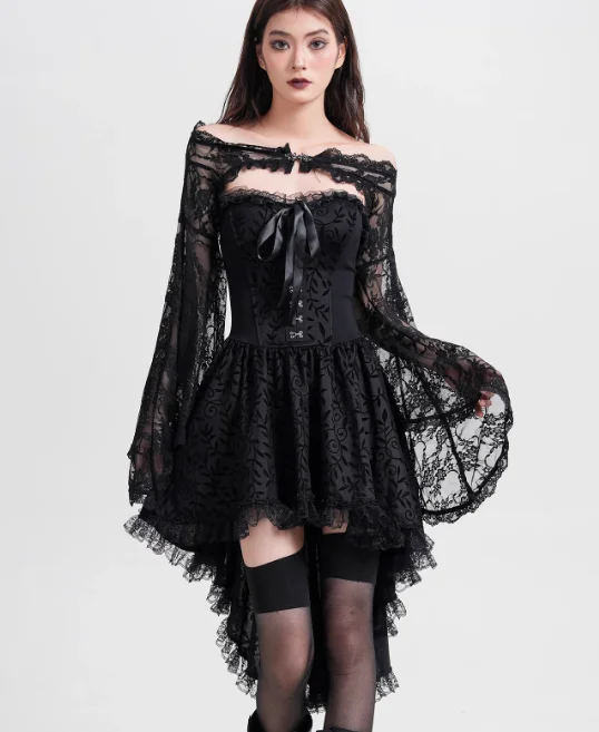 Dark Goth Elegant Lace Sexy Slash Neck Street Long Sleeve Blouse Girl Fashion Versatile European American Halloween Short Tops