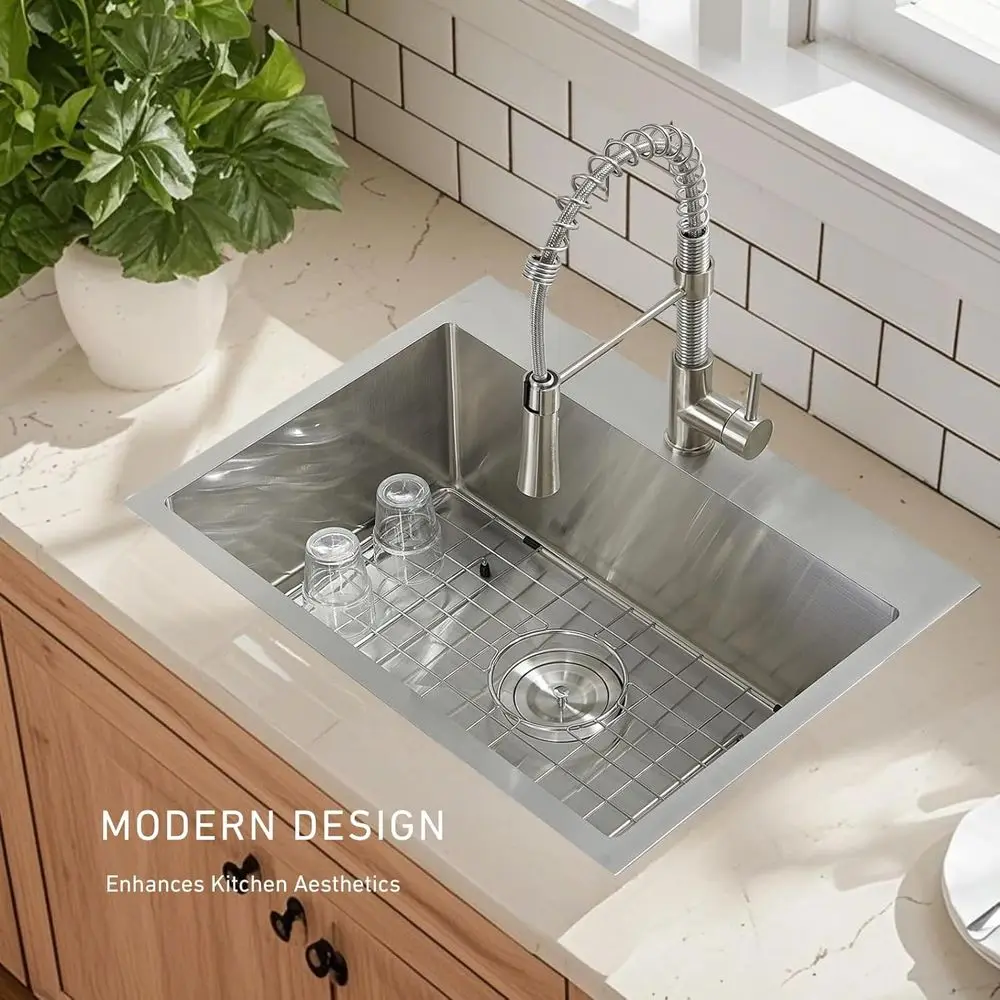 Pia de Cozinha de Embutir de Aço Inoxidável de 20 Polegadas com Cuba Única, Níquel Escovado Calibre 16 para RV e Preparação de Bar Externo