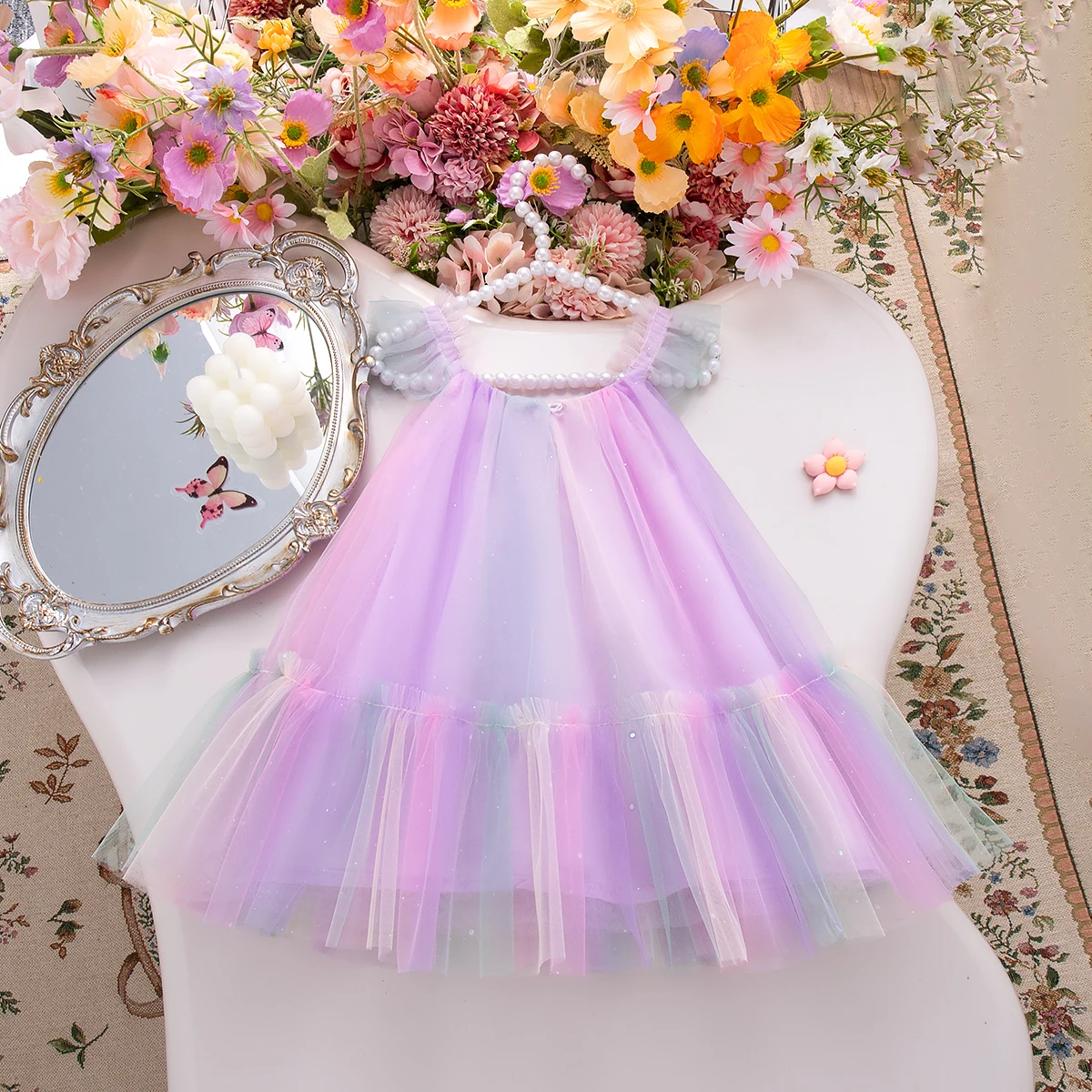 

Summer New Small And Medium Sized Girls' Sleeves Fashionable Skirt For Baby Girls With Mesh Cute Birthday Party Dress