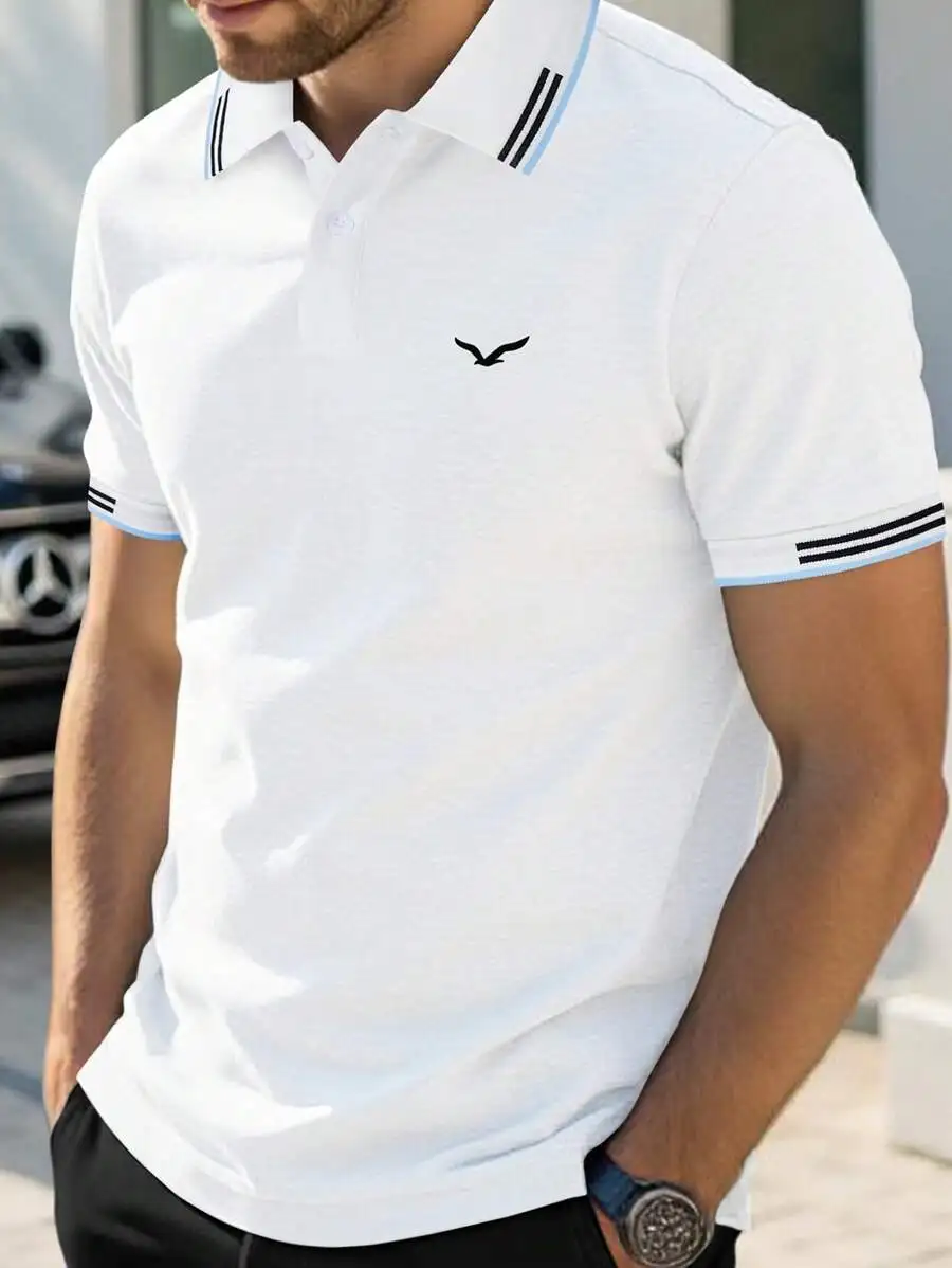 

Men's White Casual Short Sleeve Polo Shirt with Striped Collar and Cuff