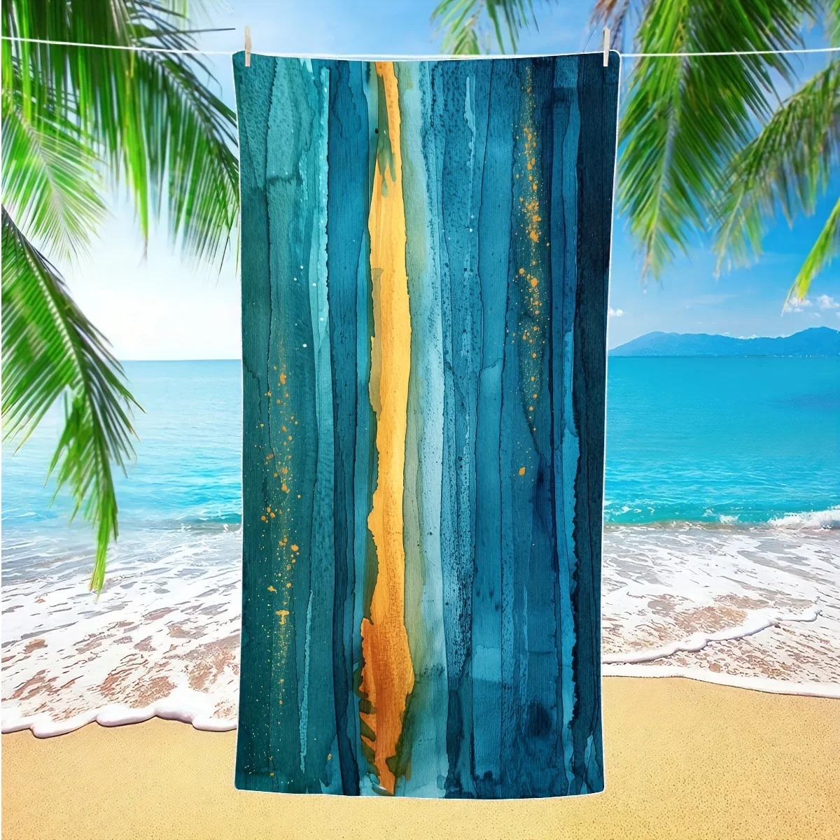 Abstract Blue Gold Watercolor Beach Towel, Soft Microfiber Quick Dry Bath Towel, Summer Travel Accessories for Swimming & Spa