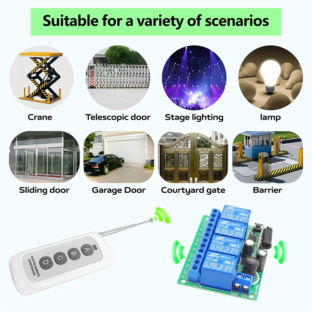 RF Wireless Remote Control Switch 433MHz DC 6V 12V 24V Dry Contact 10A Relay Receiver,500m Transmitter for Garage Door Motor Led