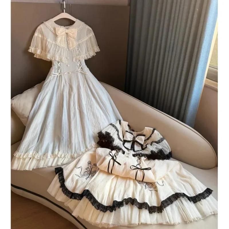 

JK Bow Lace Dresses Summer Y2K Lolita Kawaii Sweet Tie Splicing Layered Ruffle Edge Loose Dress A-line Girl Long Skirt Dress New