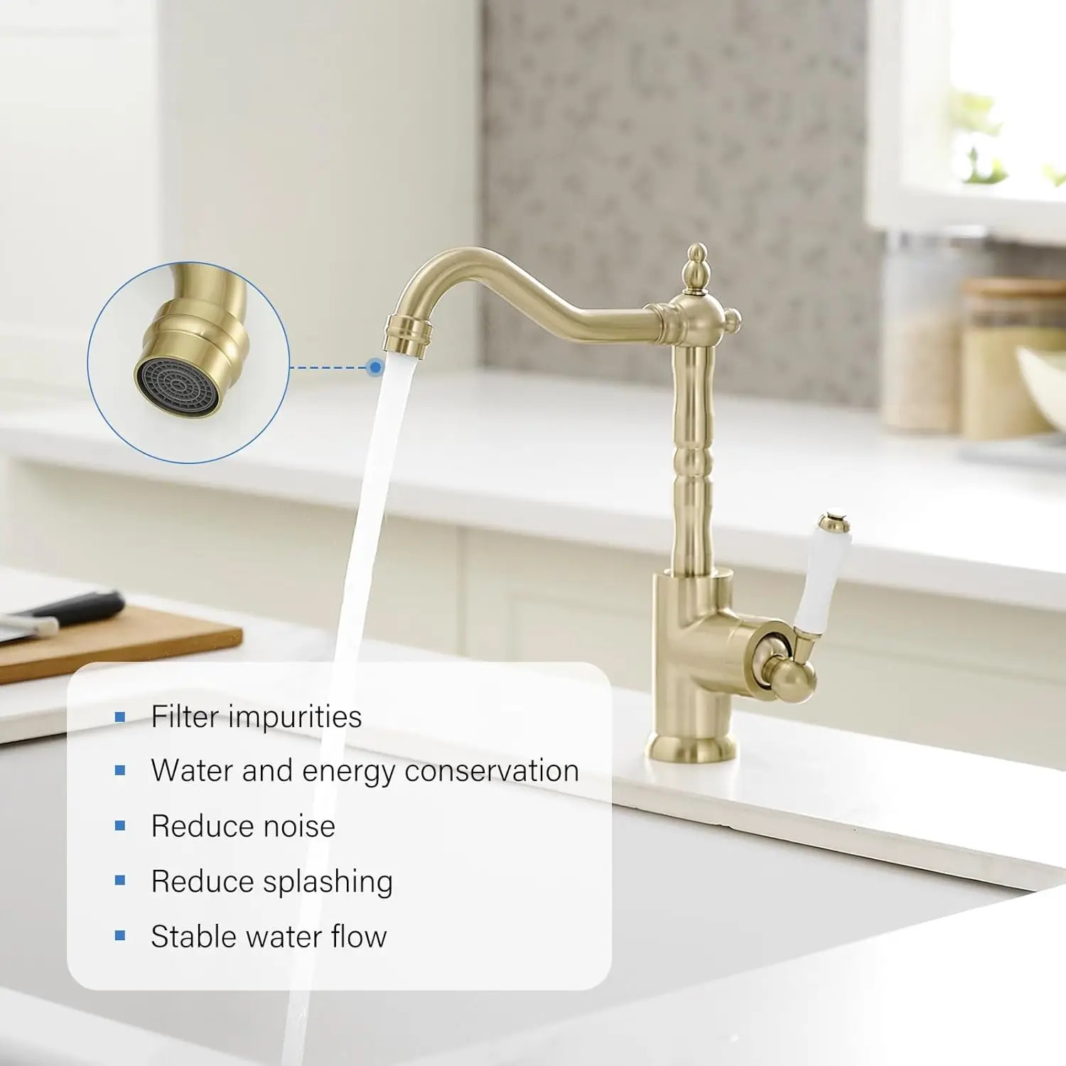 Brushed Gold Kitchen Sink Faucet Single Handle Bar for Kitchen Sink with 360° Swivel Spout High Arc Single Hole Wet Bar Fauc