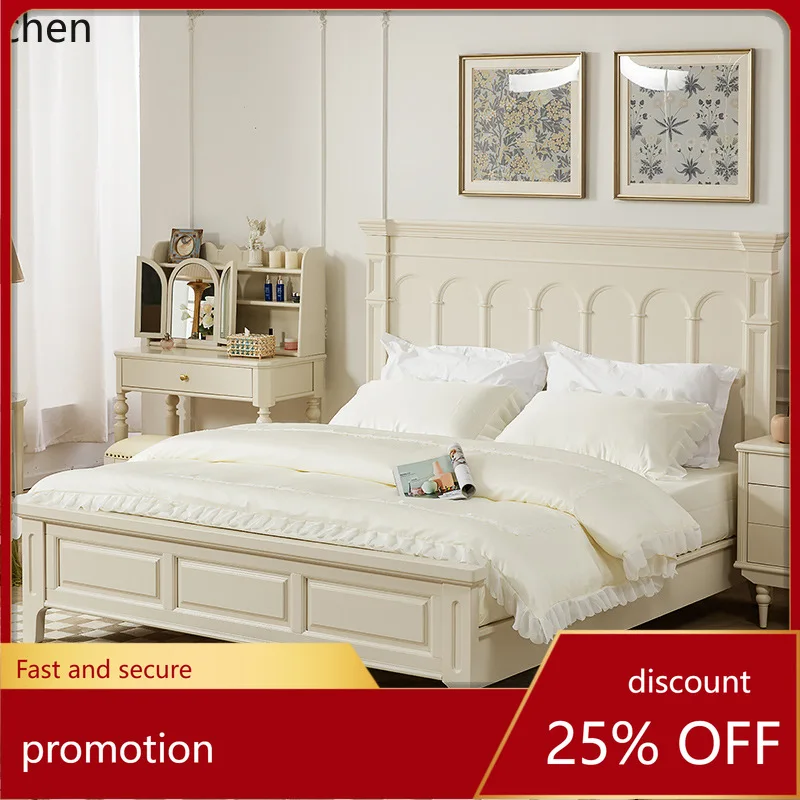 HXL Cream Style Solid Wood Bed White Furniture High Box Storage Double Bed