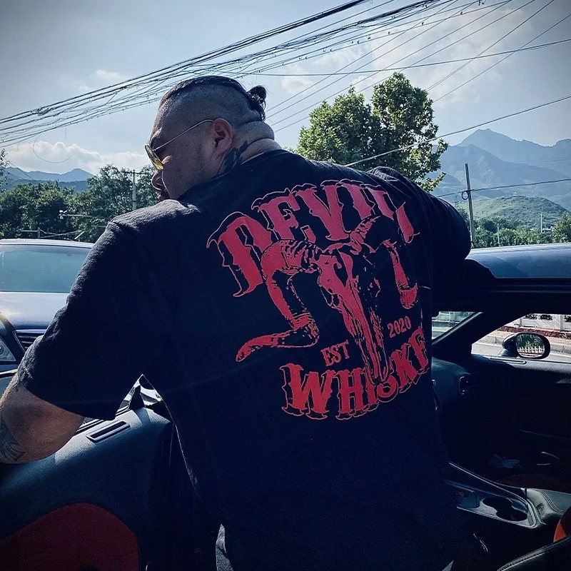 Devil Whiskey American Muscle Car Hell Sheep Head Demon Challenging Loose Heavyweight Pure Cotton Short Sleeve T-Shirt
