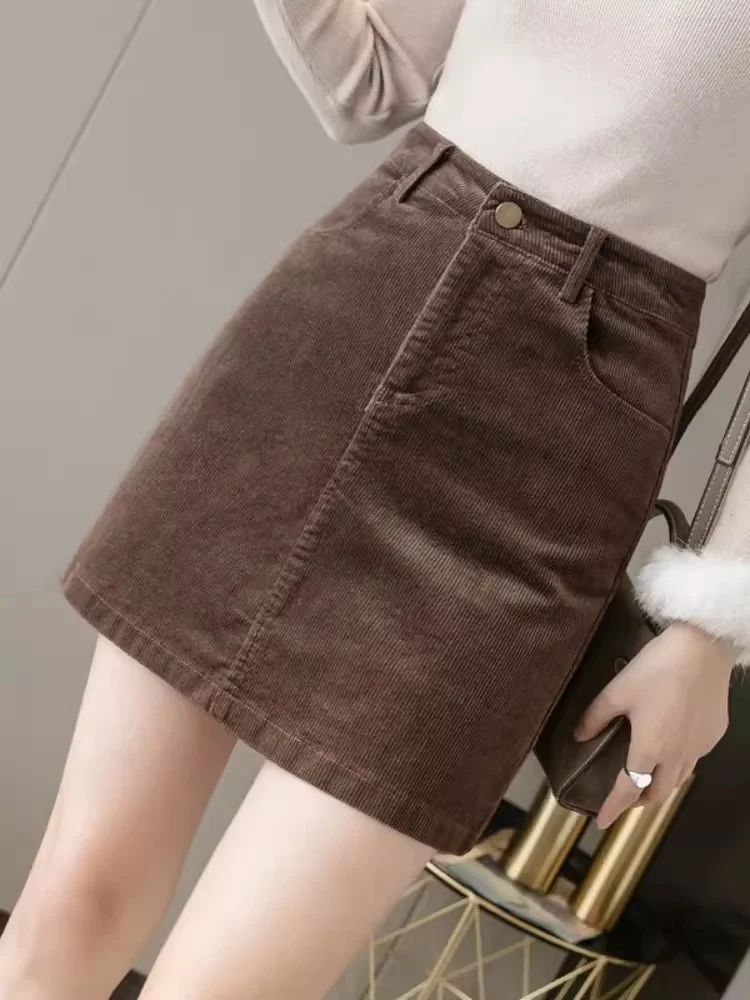 Candy Color Corduroy Half Skirt Women Autumn Winter High Waist Slimming A- shaped Skirt Cotton Material Short Length