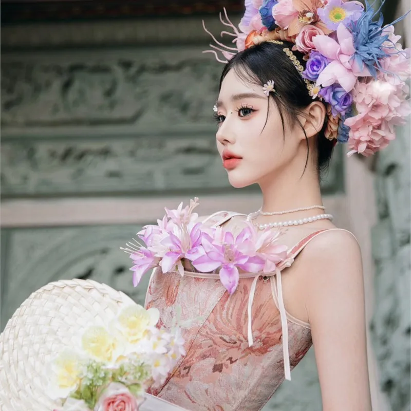 Neue Haarblumen-Kopfbedeckung für Damen, rosa Kleid, Brust-Set