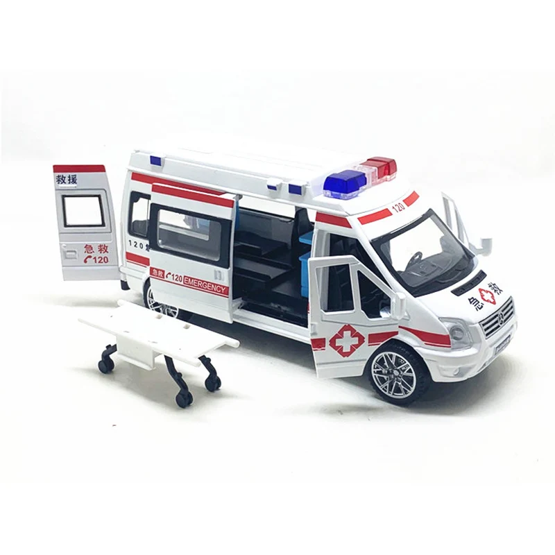 1:32 legierung Krankenwagen Modell Polizei Metall Auto Sound Und Licht Pull Back Diecast Stadt Feuer Lkw Junge Kind Spielzeug Geschenk