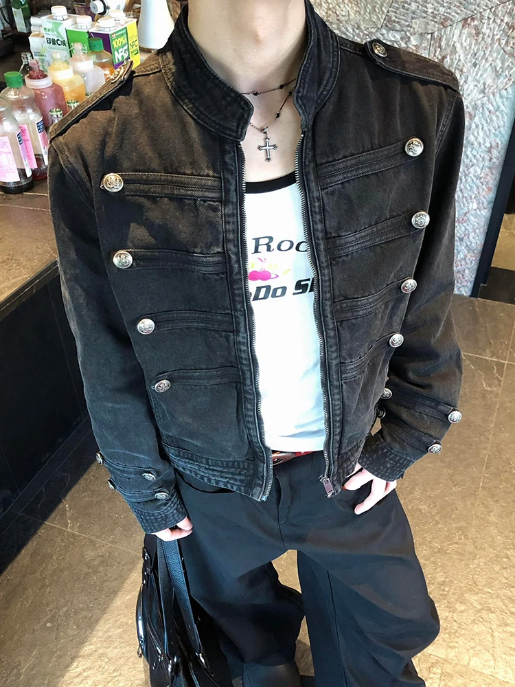 Washed Black Denim Jacket Men's Fashionable Stand Collar Button up Casual Style Standard Fit Leather Collar Warmth for Youth
