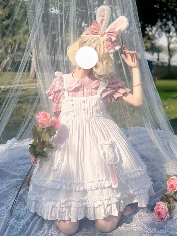 Sweet Lolita Blouses Women Cute Ruffles Peter Pan Collar Short Sleeve Shirts Japan Style Loose Inside Tops Kawaii Vintage Blusas