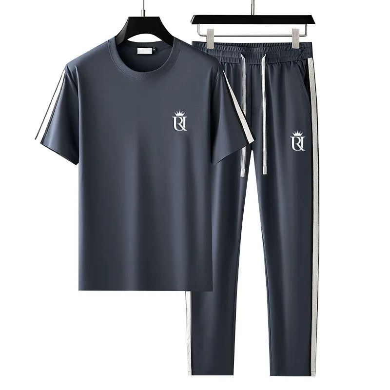 2024 Summer New Fashion Trend Ice Silk Sports Suit Men\'s Casual Relaxed Comfortable Breathable Large Size Two-Piece Set L-4XL