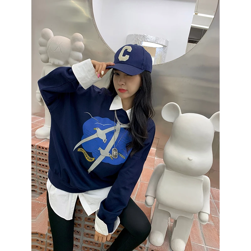 

Loose Women's Hoodie Earth Store Evening And Albatross Print Fake Two-Piece Collared Sweatirt Versatile Casual Cotton T-irt