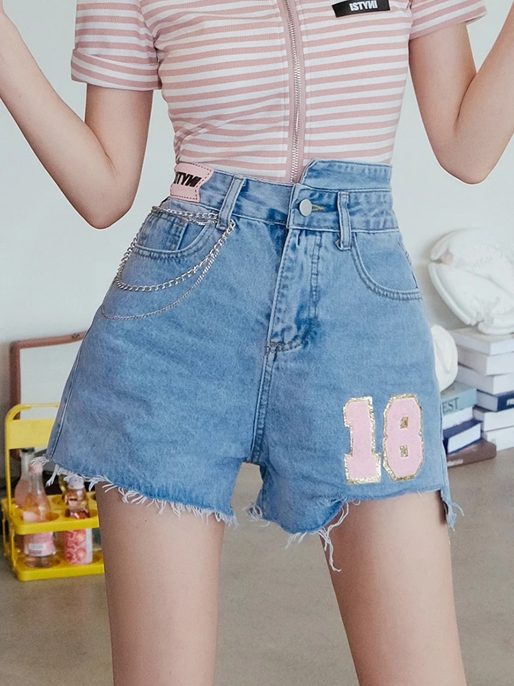 

ISNI Store Faded High Waist Design Sense Denim orts Women Summer New Casual Chain Pants Wide Leg ort Length
