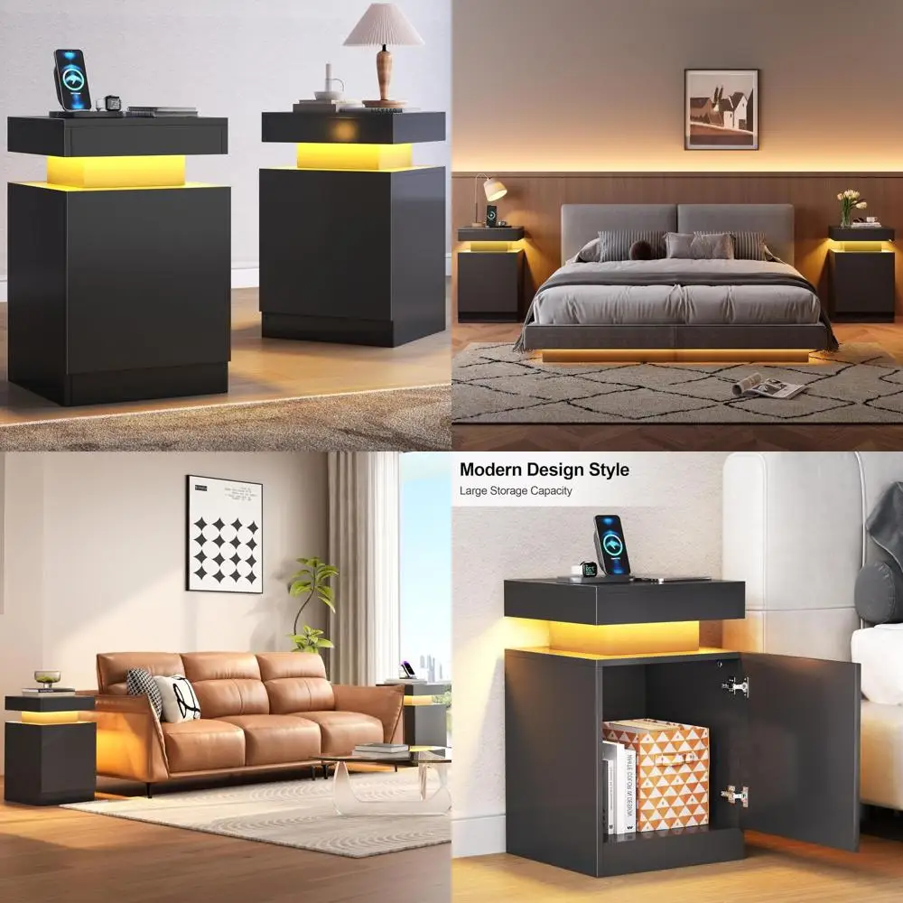 pair of modern led nightstands with storage, 15