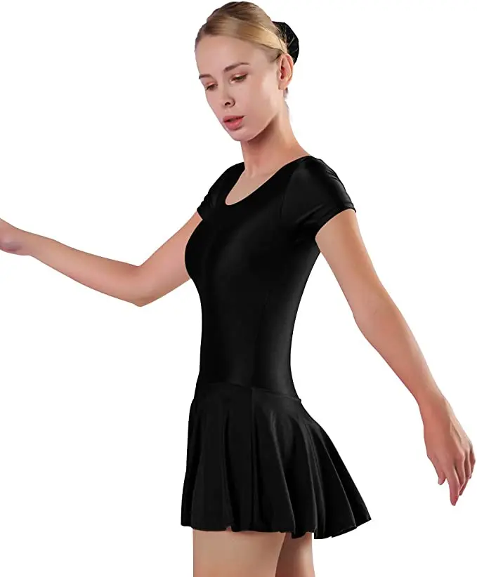 Adult Women Stretch Scoop Neck Dance Bodysuit Ballet Leotard with Skirts Short Sleeve Gymnastics One Piece Dancewear Plus Size