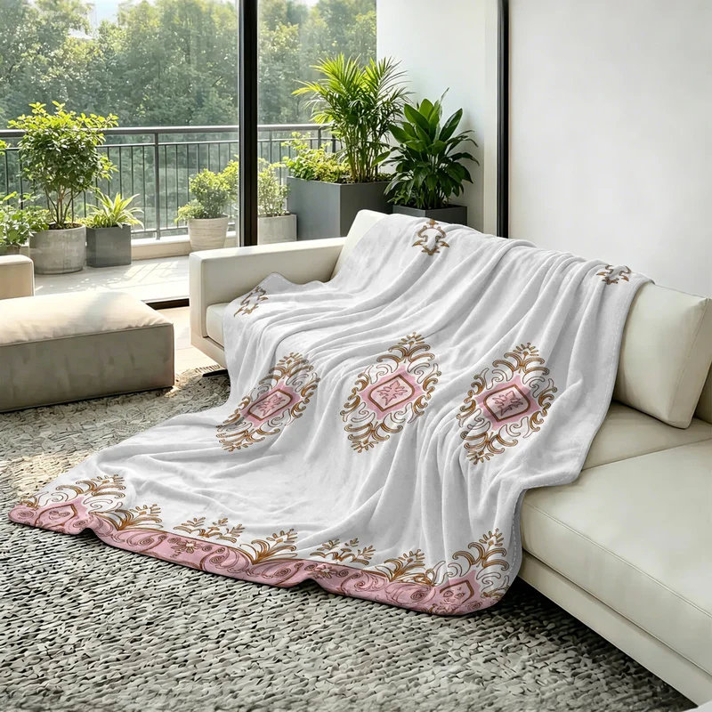Microfiber Cooling Blanket,Ultra-Soft,Skin-Friendly,Portable,Durable,Pink Gold Ornamental Geometric Motif,Bedroom Relaxation