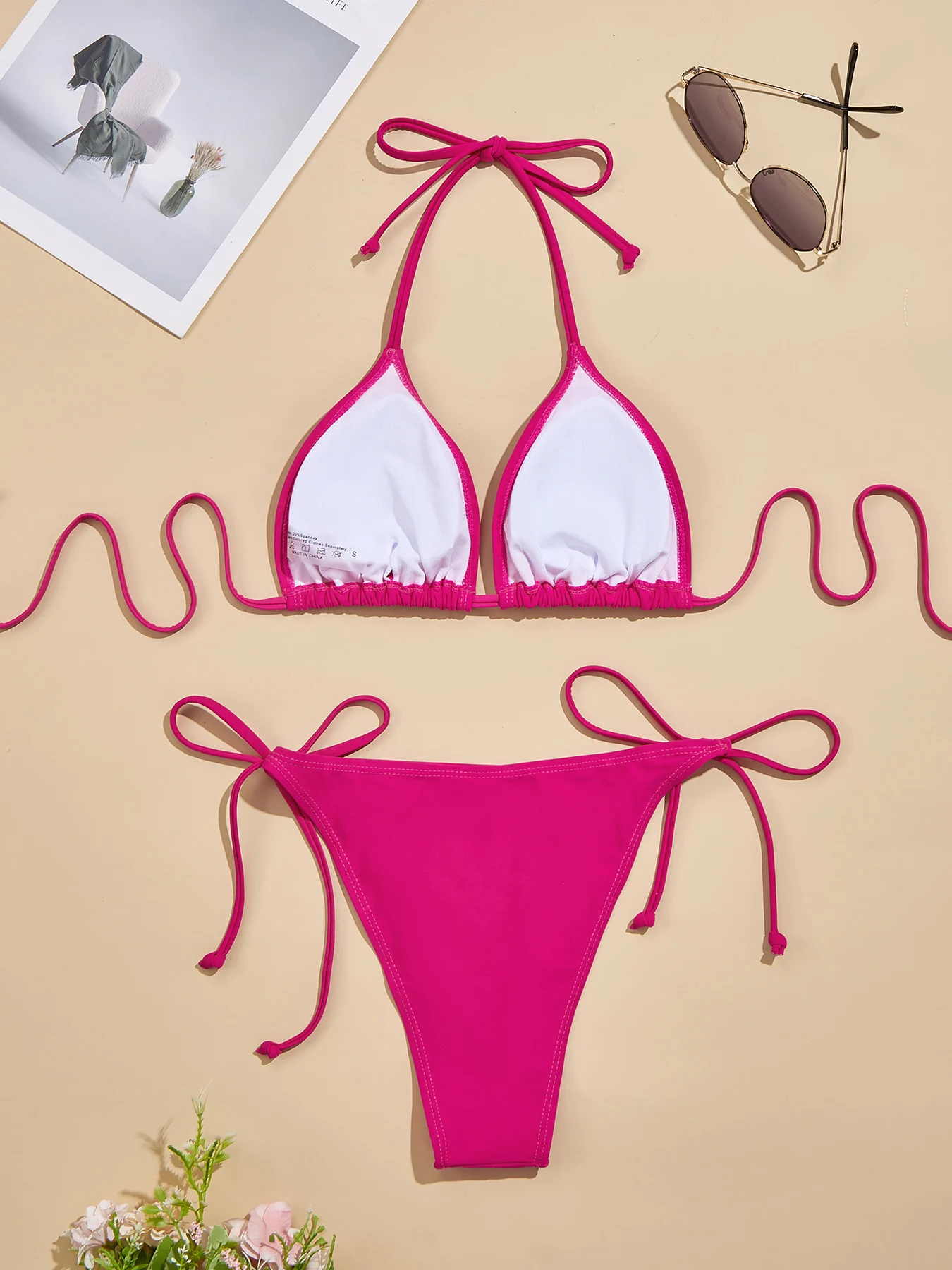 2Pcs Women's Bikini Set Strapless Bareback Design Red Swimsuit Sexy Solid Color Summer Swimwear Wrinkle Resistant for Ladies
