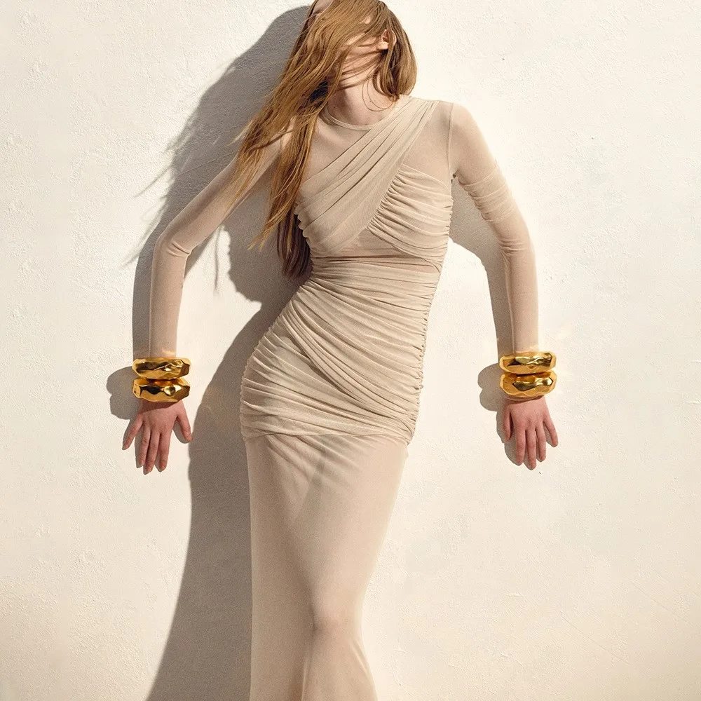 

Mesh Dress See-through Sexy Slim Fit Gathered Fashion Spring Summer Women's New Long-sleeved Solid Color Long Dress Ropa Mujer