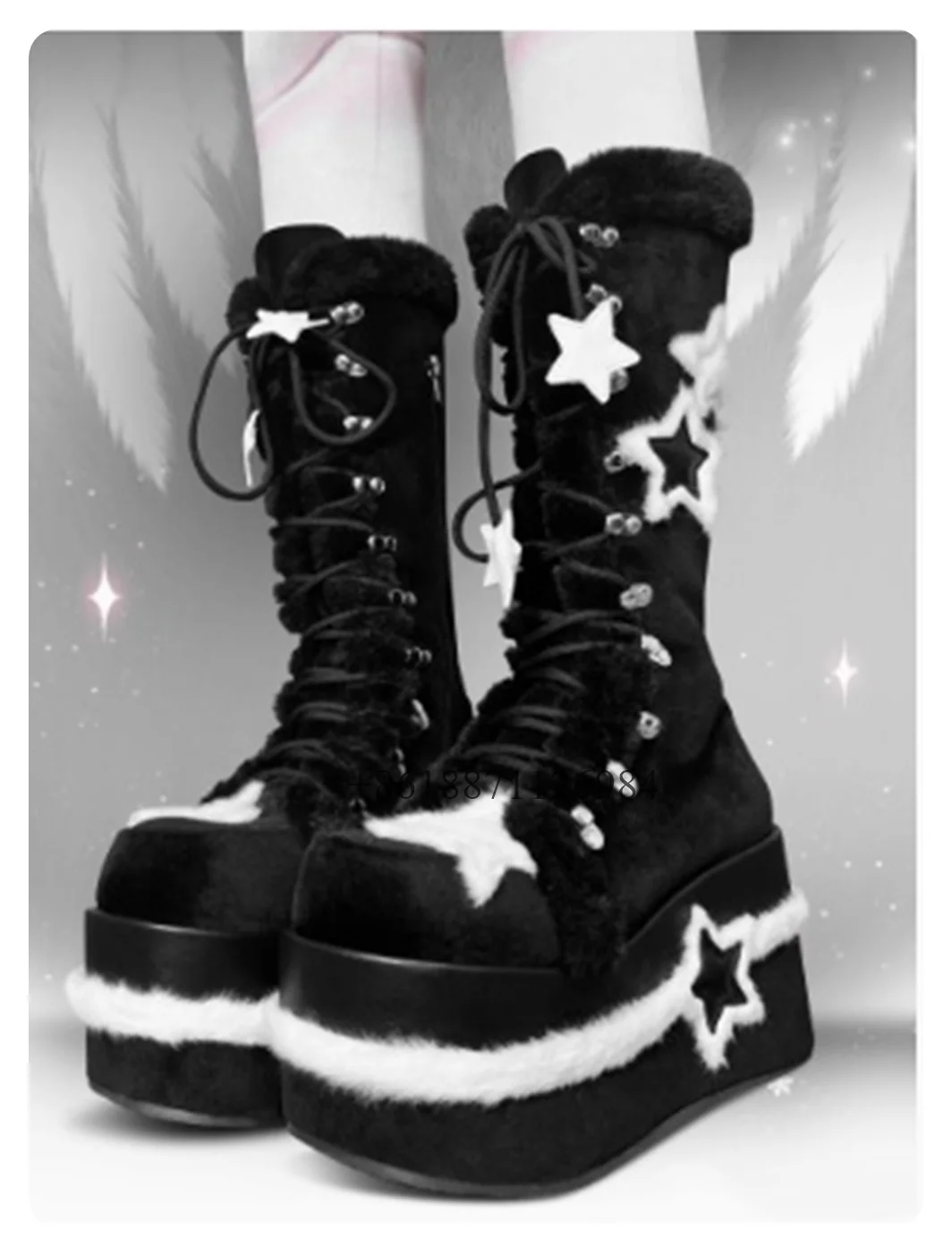 Black With White Stars Round Toe Knee-High Platform Winter Women Snow Boots Wedges High Heels Lace Up Design Fashion Shoes