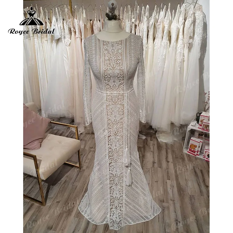 

vestido noiva Luxury Lace Bohemian Wedding Dress Mermaid 2025 Elegant Boho Bridal Long Sleeve Trumpet Wedding Gowns Backless