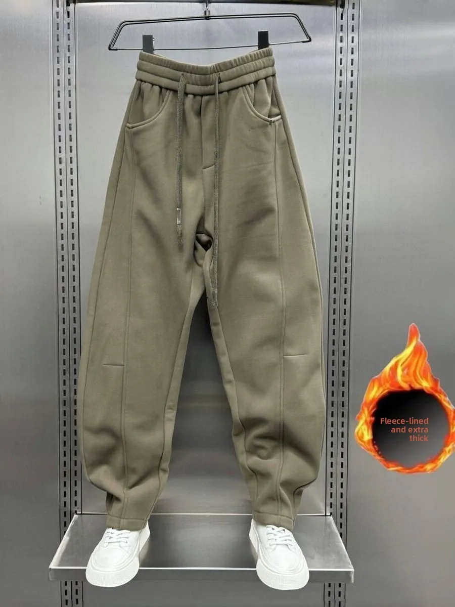 

Men's Casual Fce Lined Wide Leg Sports Pants Autumn Winter Warm Straight Cut Trousers American Sle Knife Pants