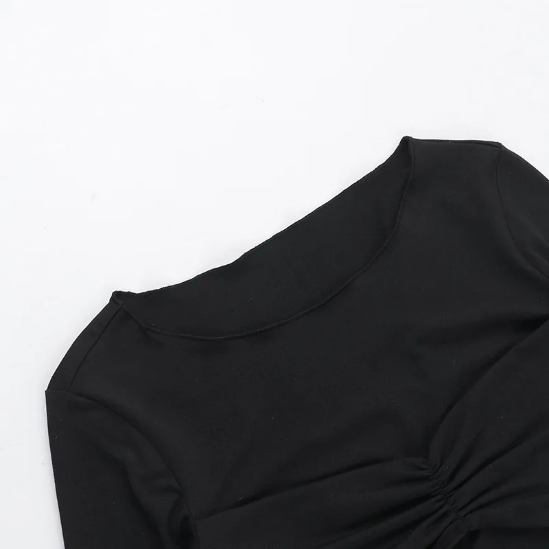 Pleated Casual Long Sleeve T-shirt Top Female Slim Cropped Patchwork Solid Fashion High Waist Pullover Women's Summer Tee