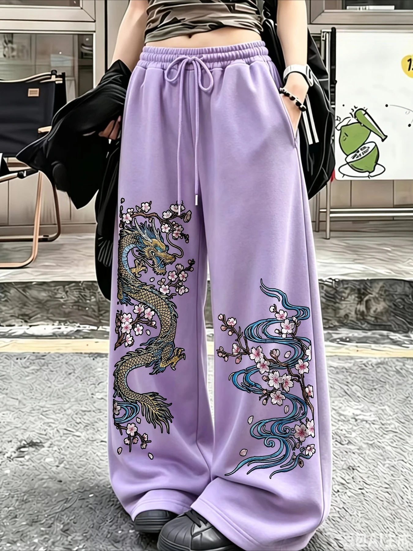 Unisex Straight Quick Dry Pants 3D Print Dragon Cherry Blossom Graphic Loose Street Trousers Elastic Waist Sport Long Pants