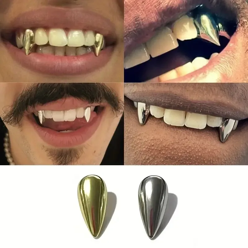 2 colmillos dorados y plateados brillantes de 17 mm, adecuados tanto para hombres como para mujeres, perfectos para Halloween, Navidad y uso diario.