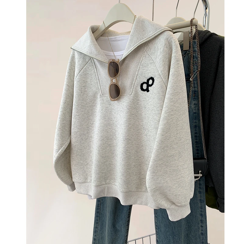 

2024 Gray Lapel Half Zipper Pullover Sweatshirt for Women Autumn 2024 New Style American Oversize High-end Advanced Jacket Top