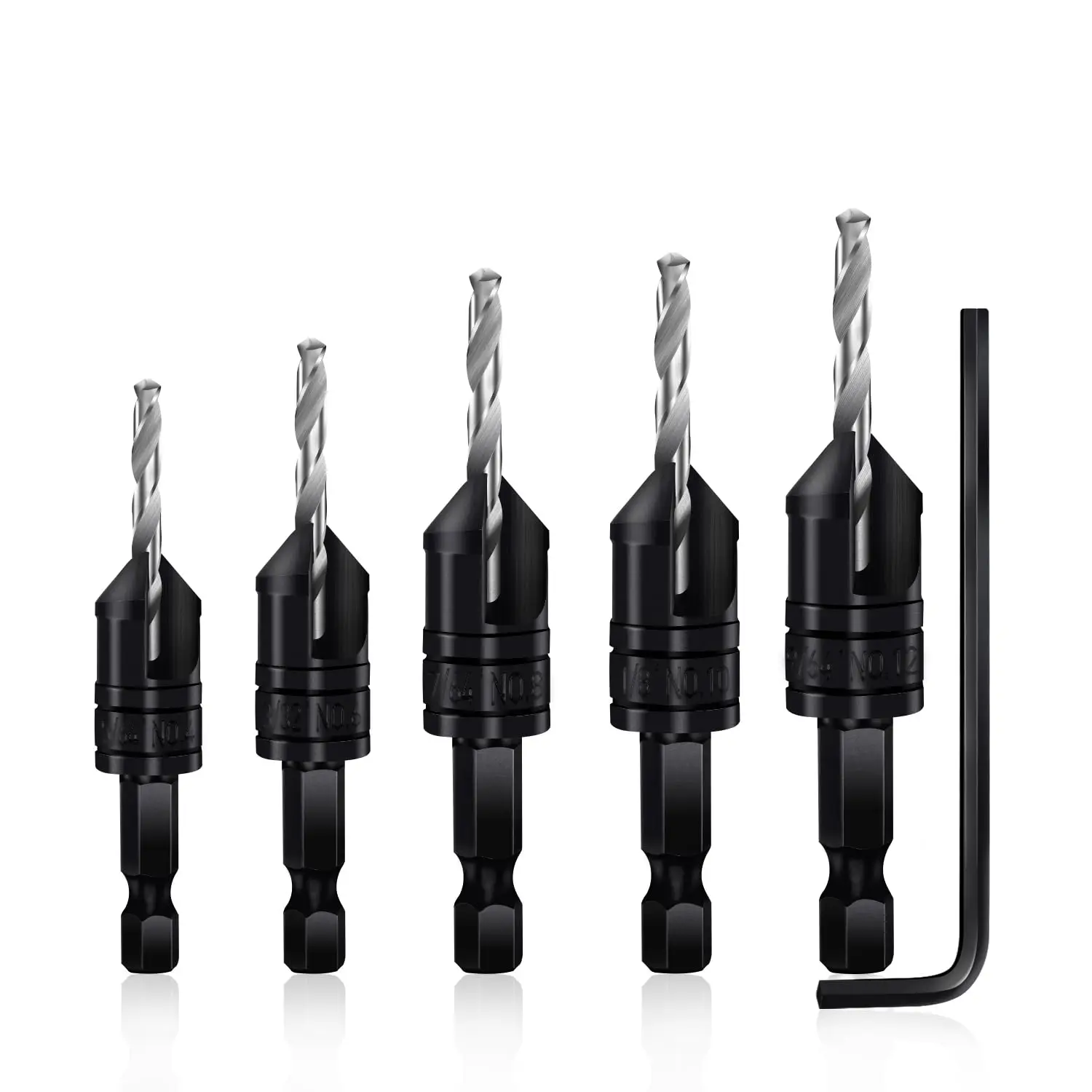 

5-Piece Countersink Drill Bit Set, 3-in-1 Woodworking, Tapered Bit, Depth Adjustable, 82° Chamfer, 1/4" Hex Shank