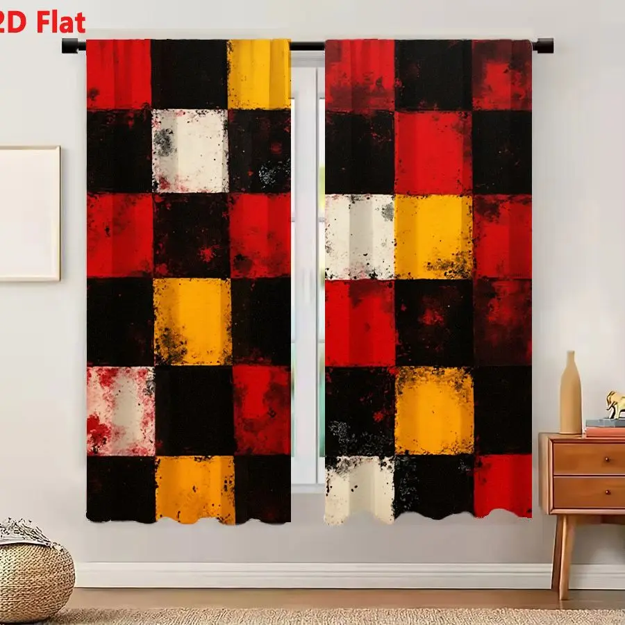 2Pcs Curtains 2D Flat Abstract Vintage Checkered Artwork 5×5 6×6 Grid Distressed Color Blocks Red Black Yellow White Textured Ag